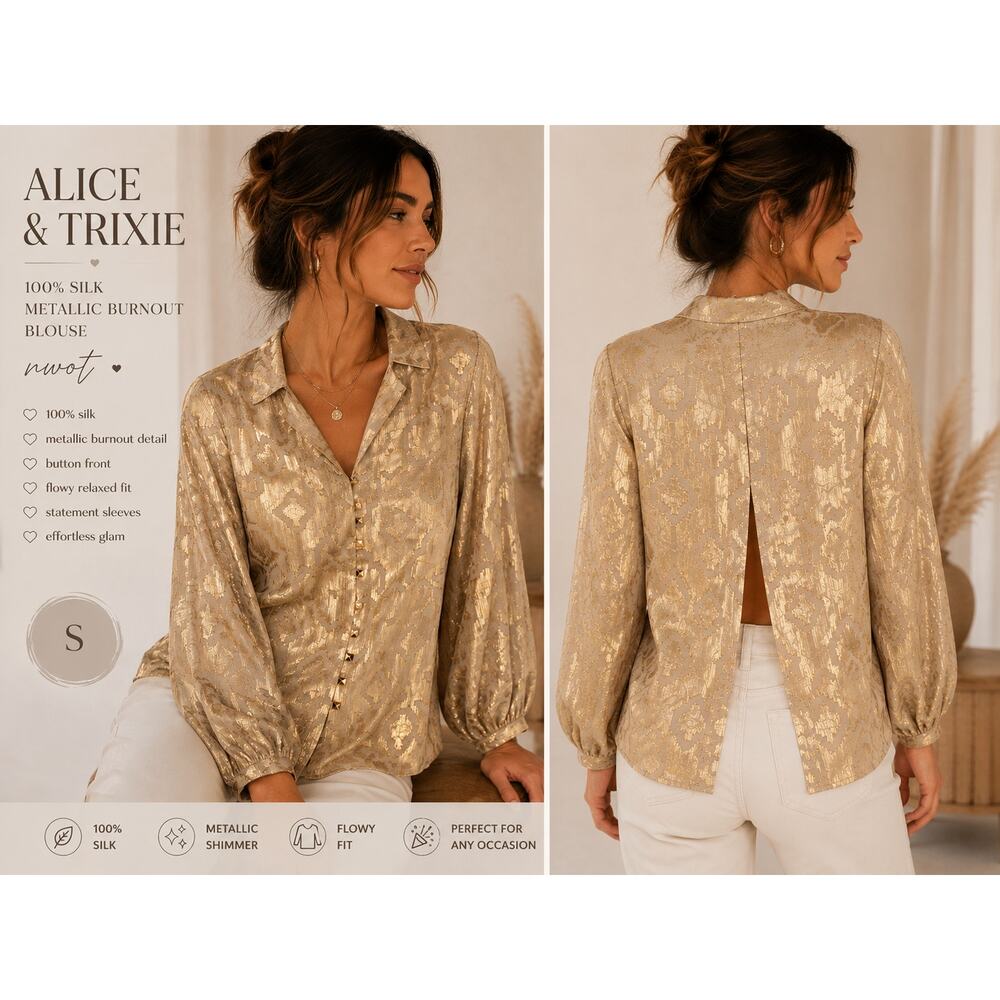 Alice & Trixie Silk Gold Shimmer Tunic Top Boho Glam S